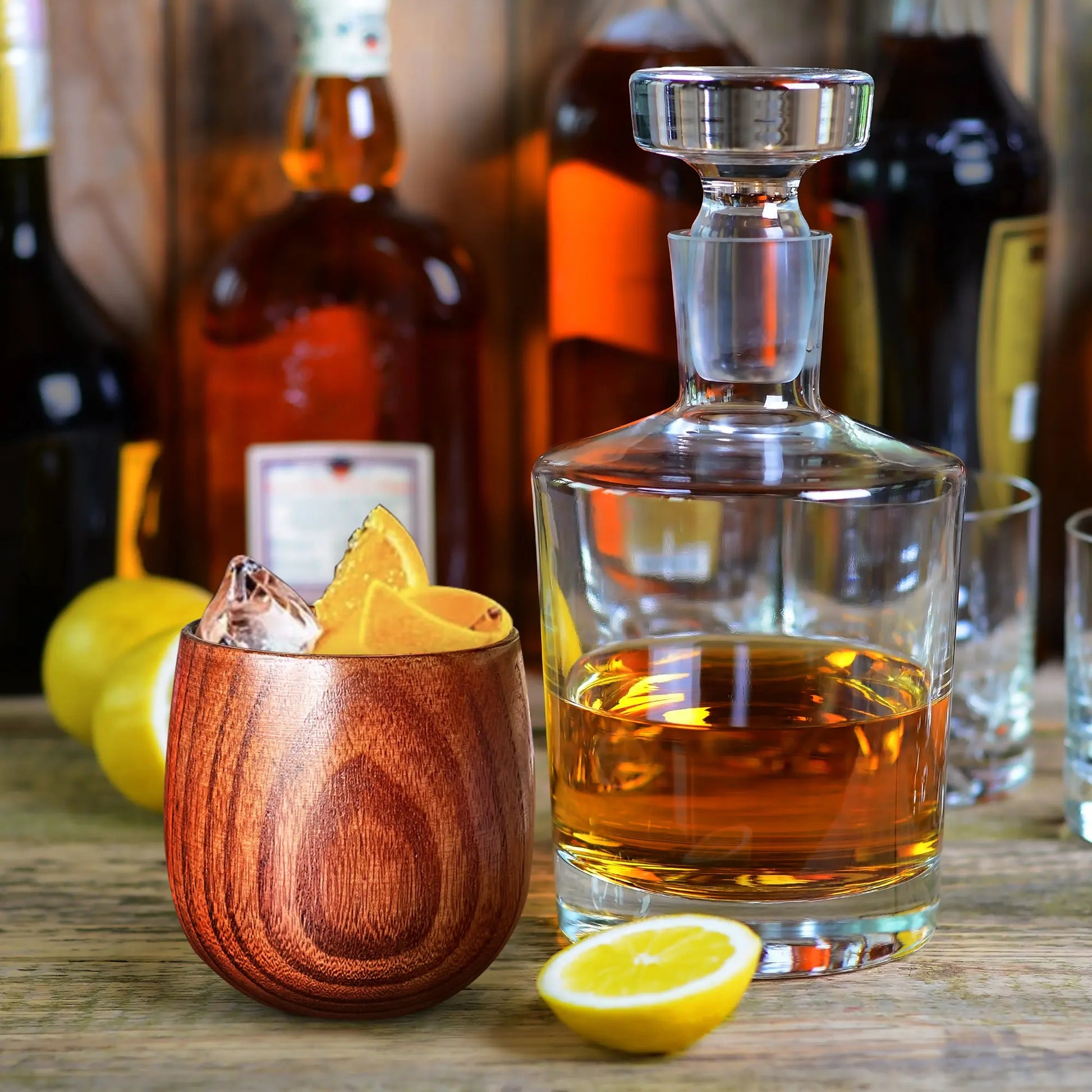 Handcrafted wooden bourbon glass with charred interior, perfect for enhancing whiskey flavor.