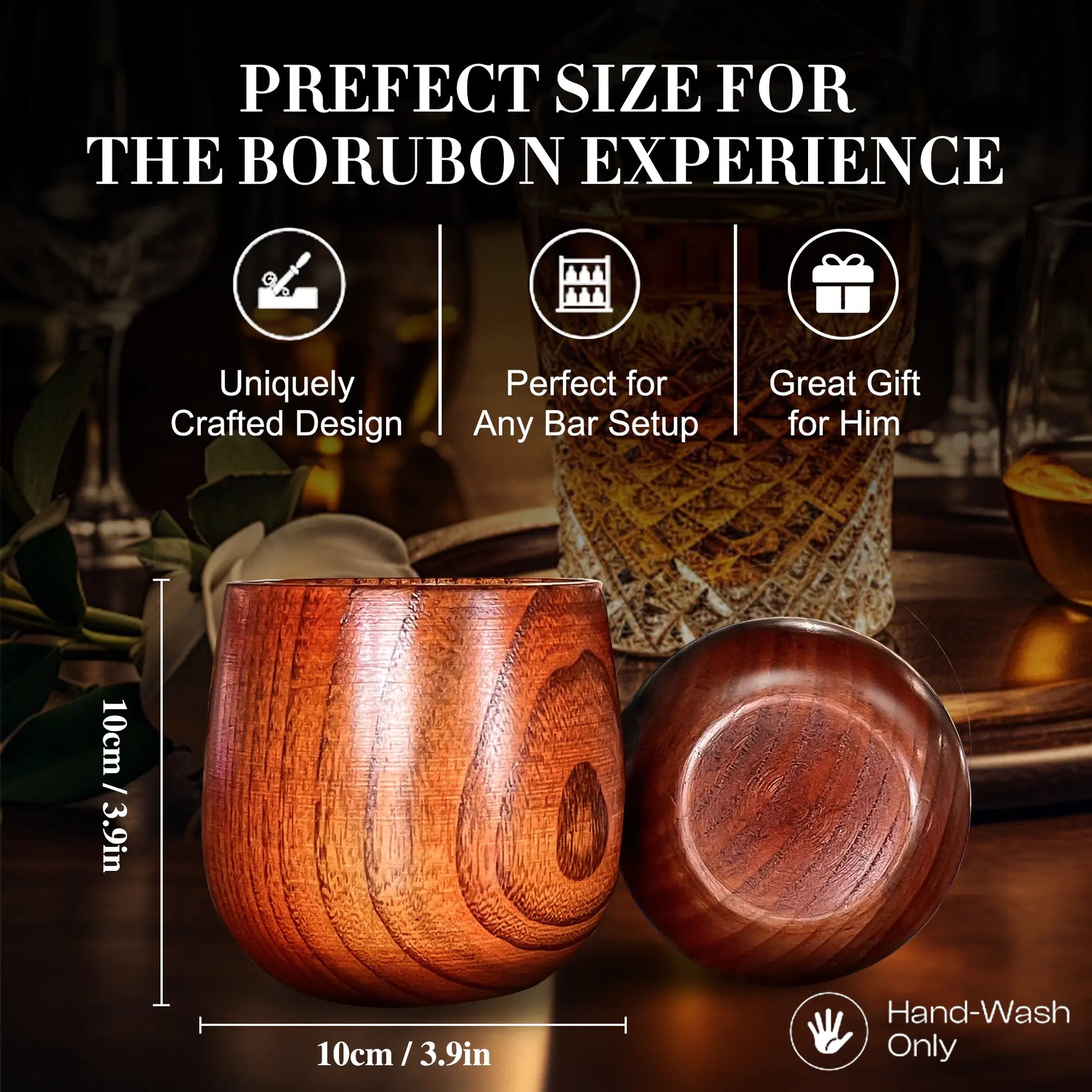 Shatterproof wooden bourbon glass, perfect for worry-free enjoyment of your favorite whiskey.